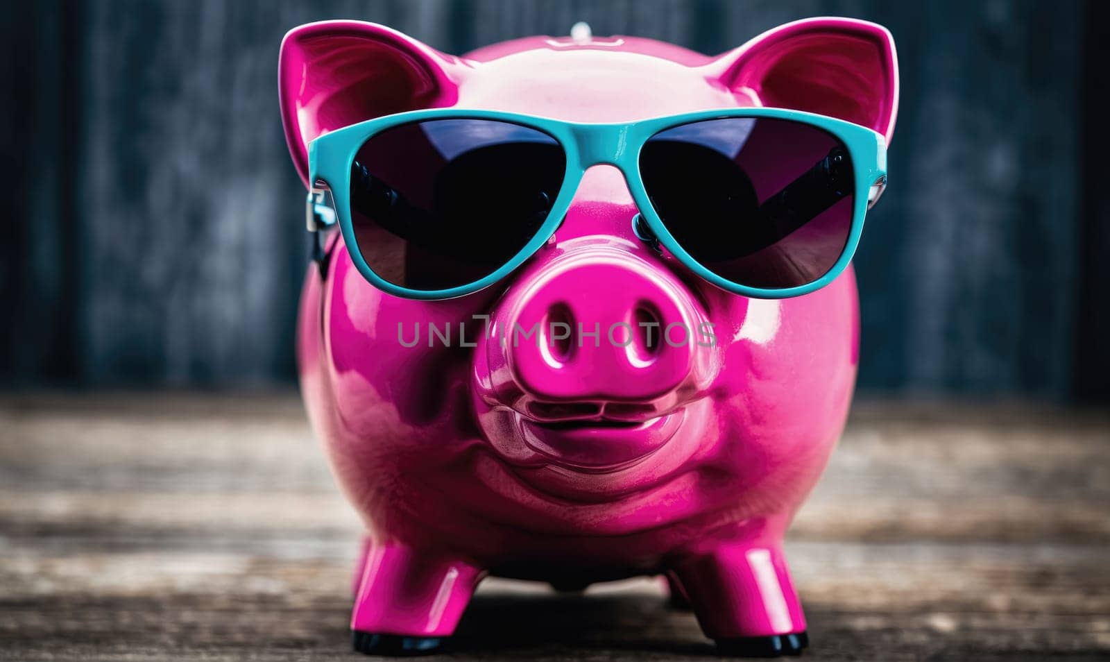 A pink piggy bank with blue sunglasses is sitting on a wooden table. The piggy bank is looking directly at the camera.