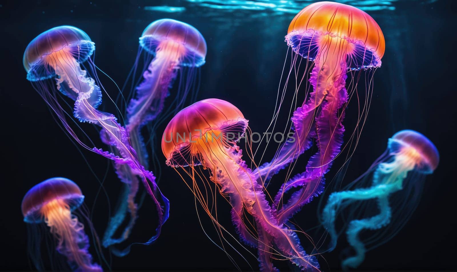 red, pink, purple, and blue. Their tentacles are long and flowing, and they are all illuminated by a bright light source.