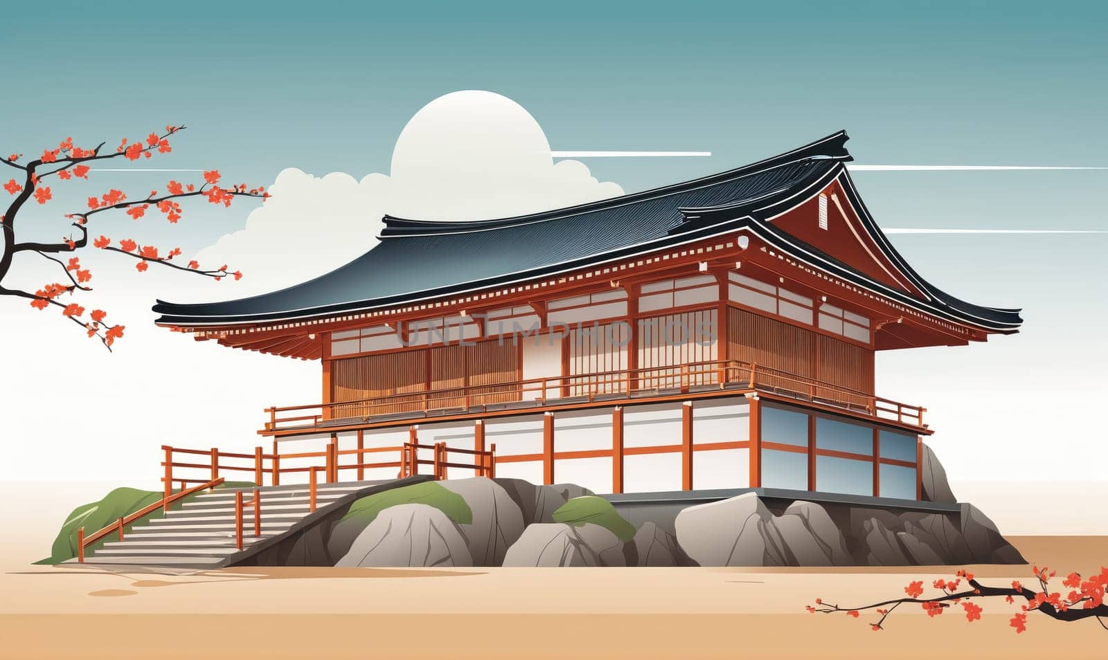 A Japanese temple with a black roof and red wooden accents stands on a rocky hill. The temple has multiple layers and a balcony that looks out over the landscape