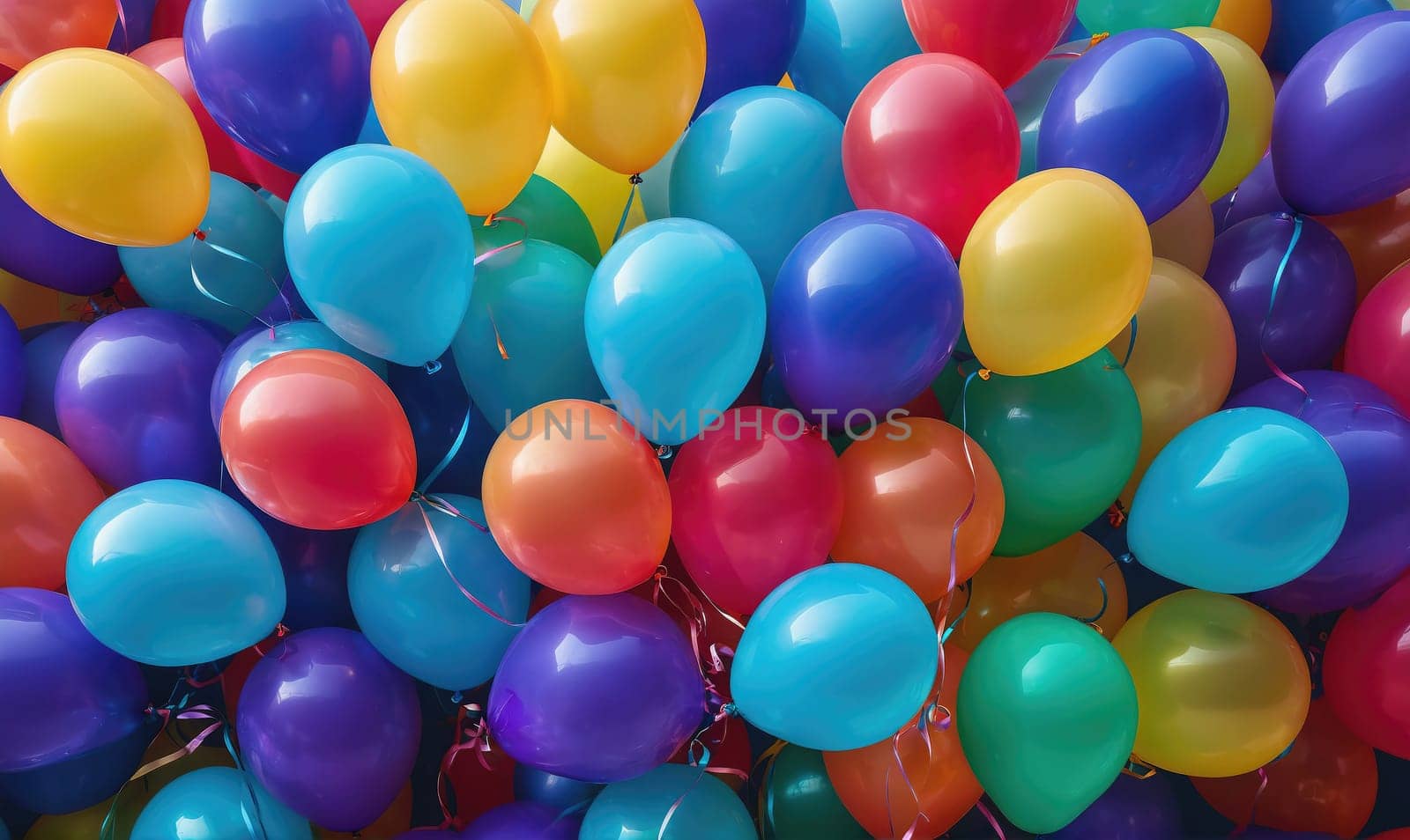 A bunch of colorful balloons in the air. The balloons are of different colors and sizes. Concept of joy and celebration