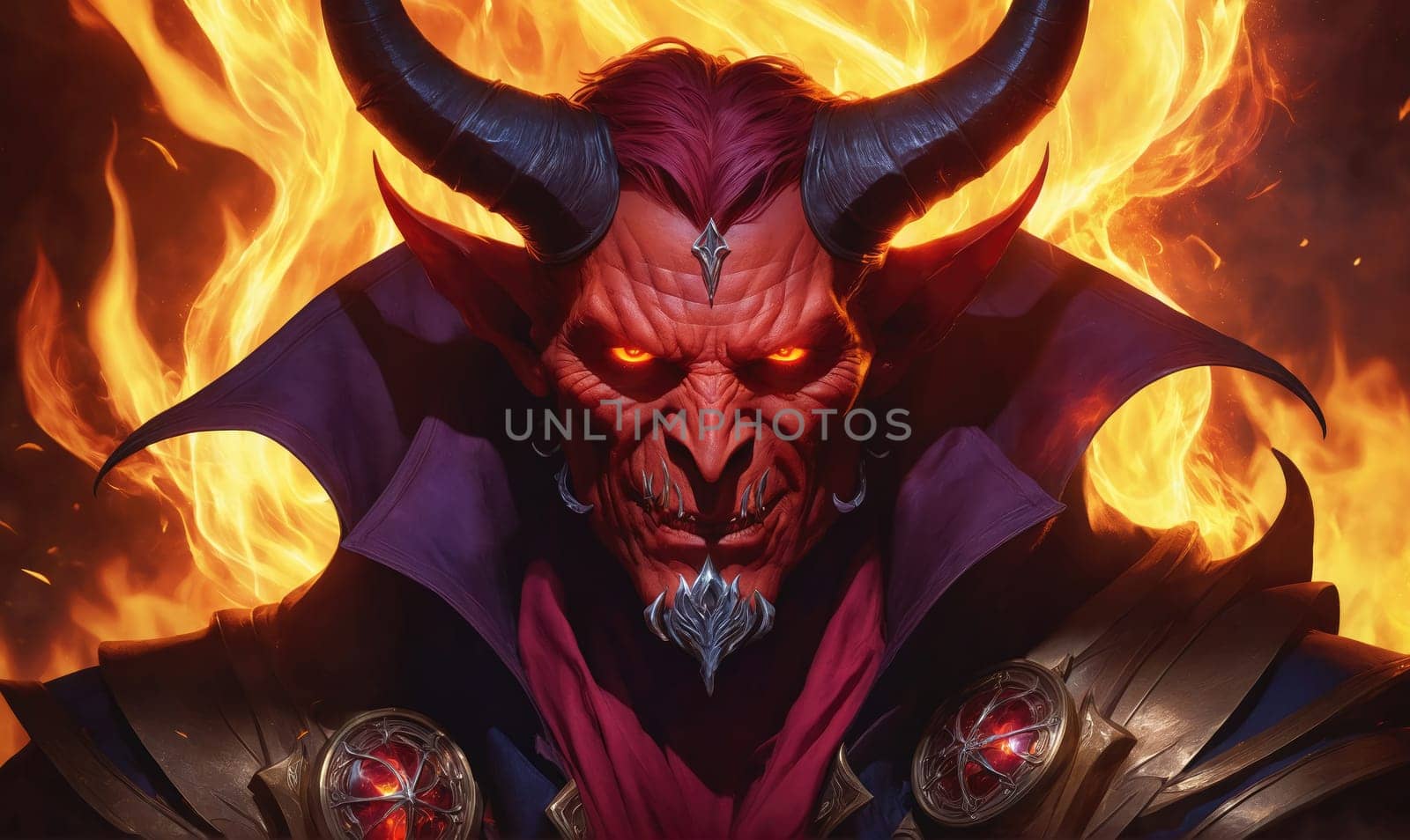 A close-up portrait of a demon with horns and red skin. The demon has a menacing expression and is surrounded by fiery flames.