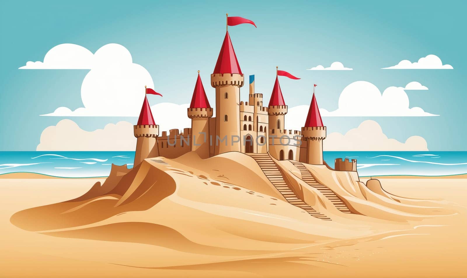 A large sandcastle with red flags and a moat sits on a sandy beach. The castle has multiple towers and a drawbridge. There are clouds in the blue sky and the ocean is in the background.