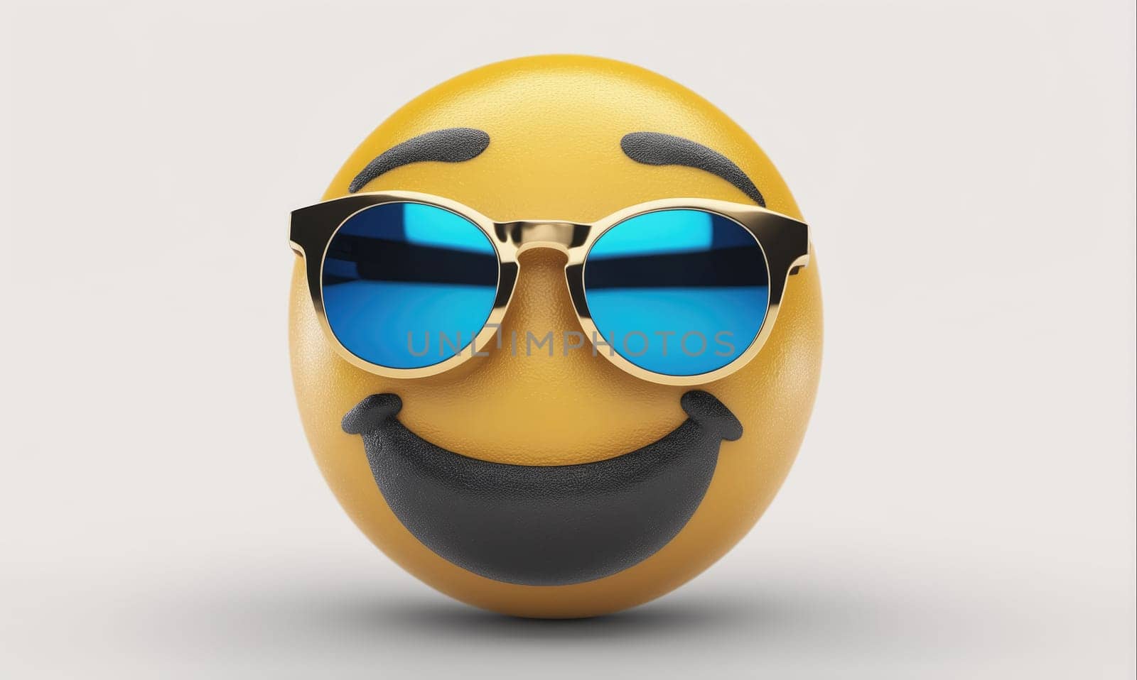 A yellow smiley face with a black outline is wearing round blue sunglasses with gold frames. The smiley face is smiling with its eyes closed. The background is white.