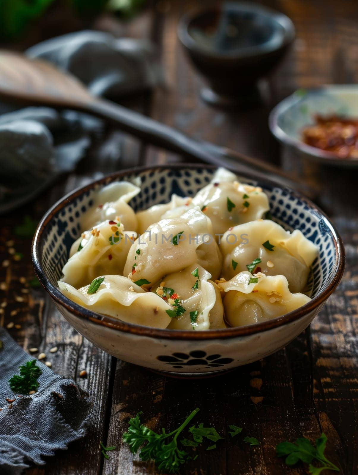 Elegantly placed in a patterned bowl, these savory dumplings are sprinkled with sesame and herbs, ready for enjoyment