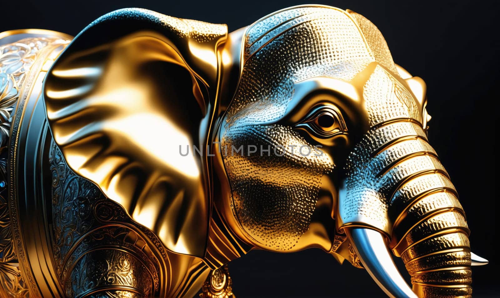 A close-up shot of a golden elephant statue with a detailed, textured surface. The statue is illuminated from the left, casting highlights on its smooth, metallic surface.