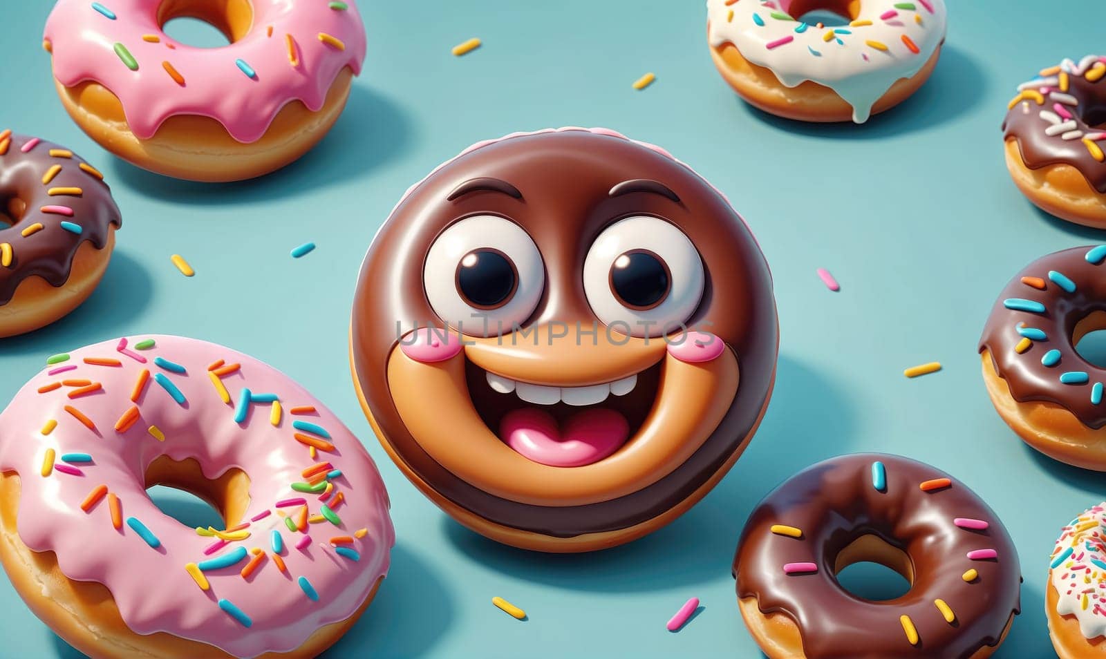 A smiling chocolate donut surrounded by donuts with different glazes and sprinkles on a blue background.