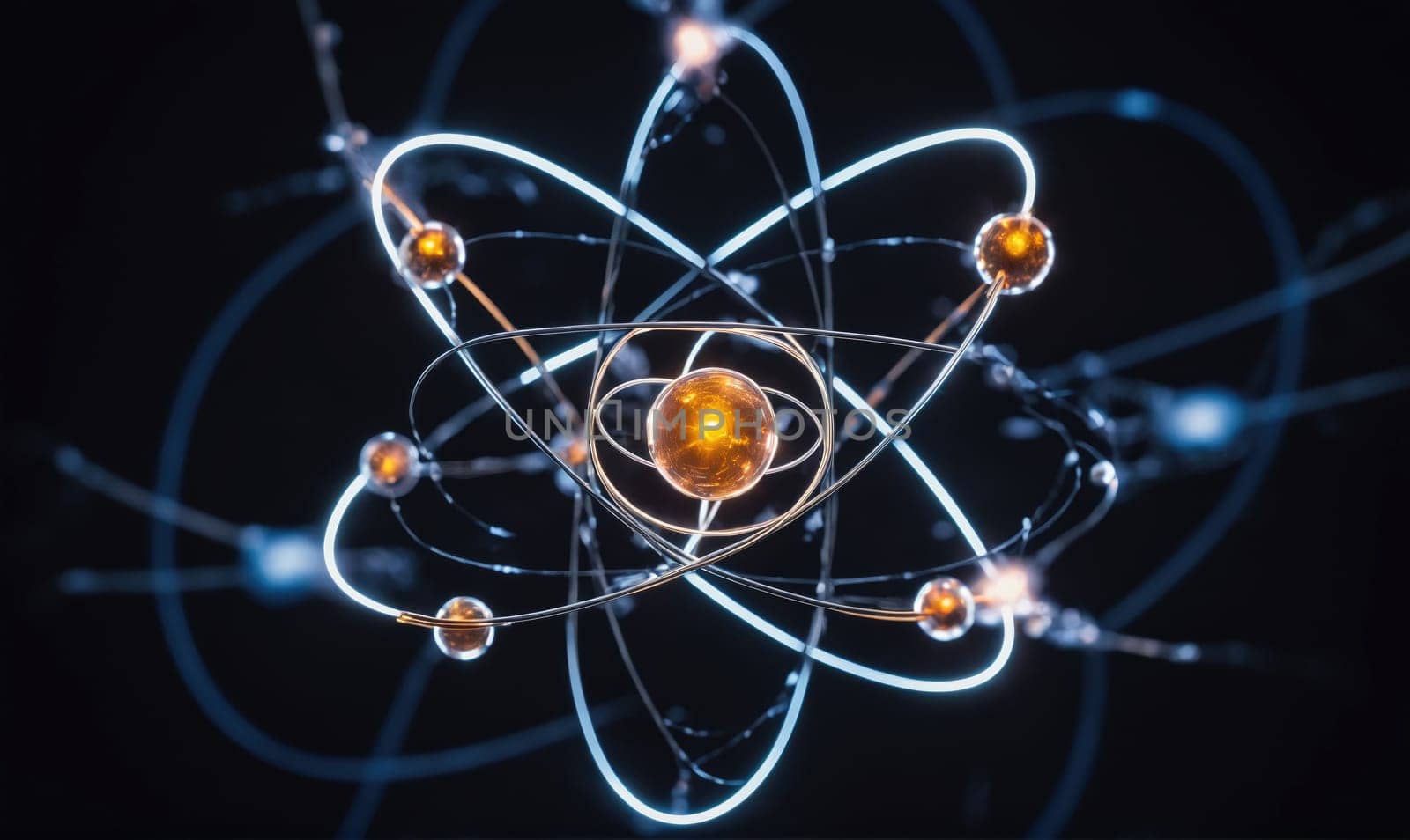 A 3D model of an atom with a central orange nucleus and several electrons orbiting in a circular motion. The electrons are glowing white and the background is a dark black.
