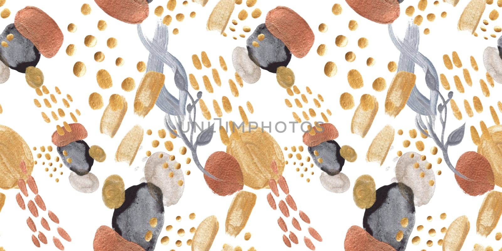 Seamless abstract pattern with gouache painted geometric shapes ovals and dots for textile design and autumn prints