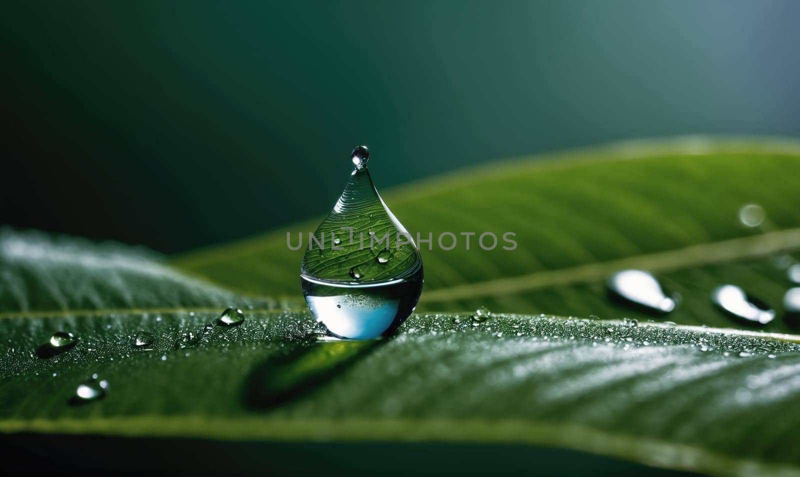 A large, teardrop-shaped water droplet rests on a green leaf, surrounded by other smaller droplets. The leaf is textured, with veins visible, and the background is blurred and green.