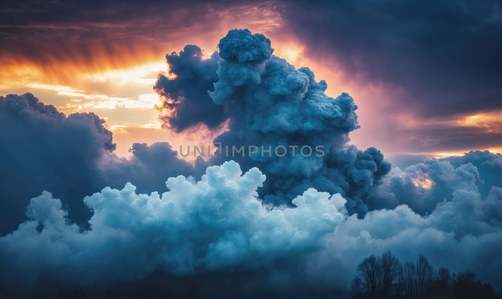 The image shows a massive, dark cloud in the sky at sunset. The cloud is a deep blue color and has a swirling, turbulent shape. A faint orange glow from the sunset can be seen through the cloud.
