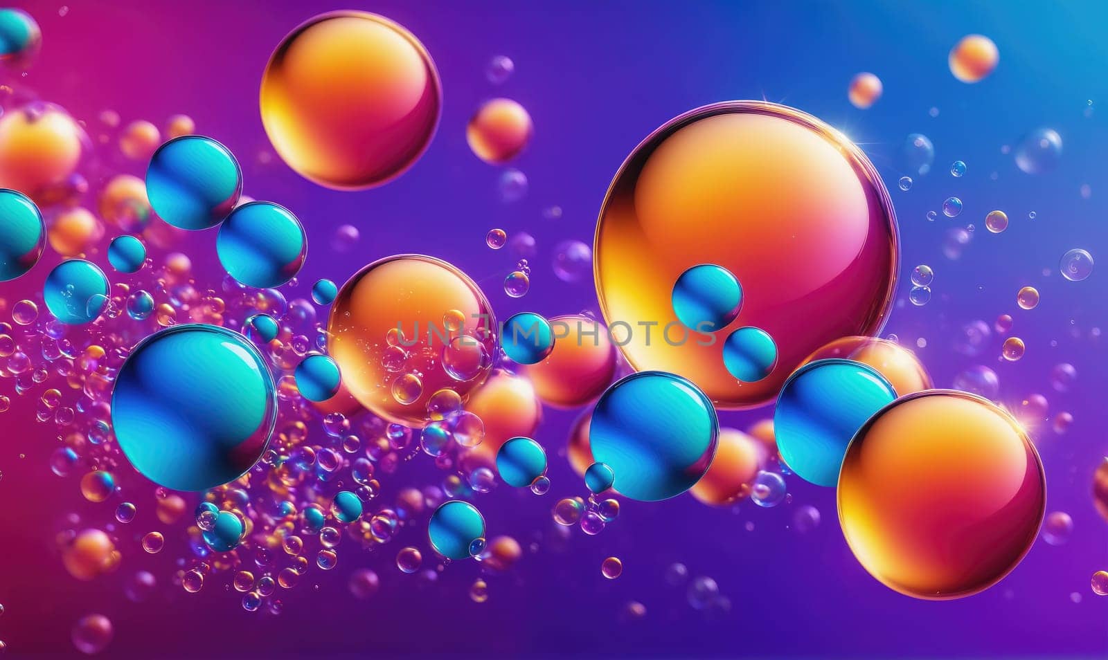 A close-up shot of many colorful bubbles floating in a liquid medium. The bubbles are in shades of blue, orange, and red, against a purple and blue background.