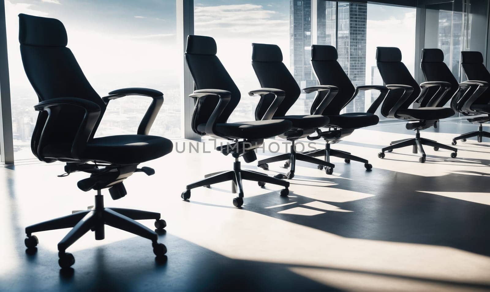 A row of black office chairs with wheels are positioned in front of a large window with a view of a city. Sunlight streams through the window, casting long shadows on the floor.