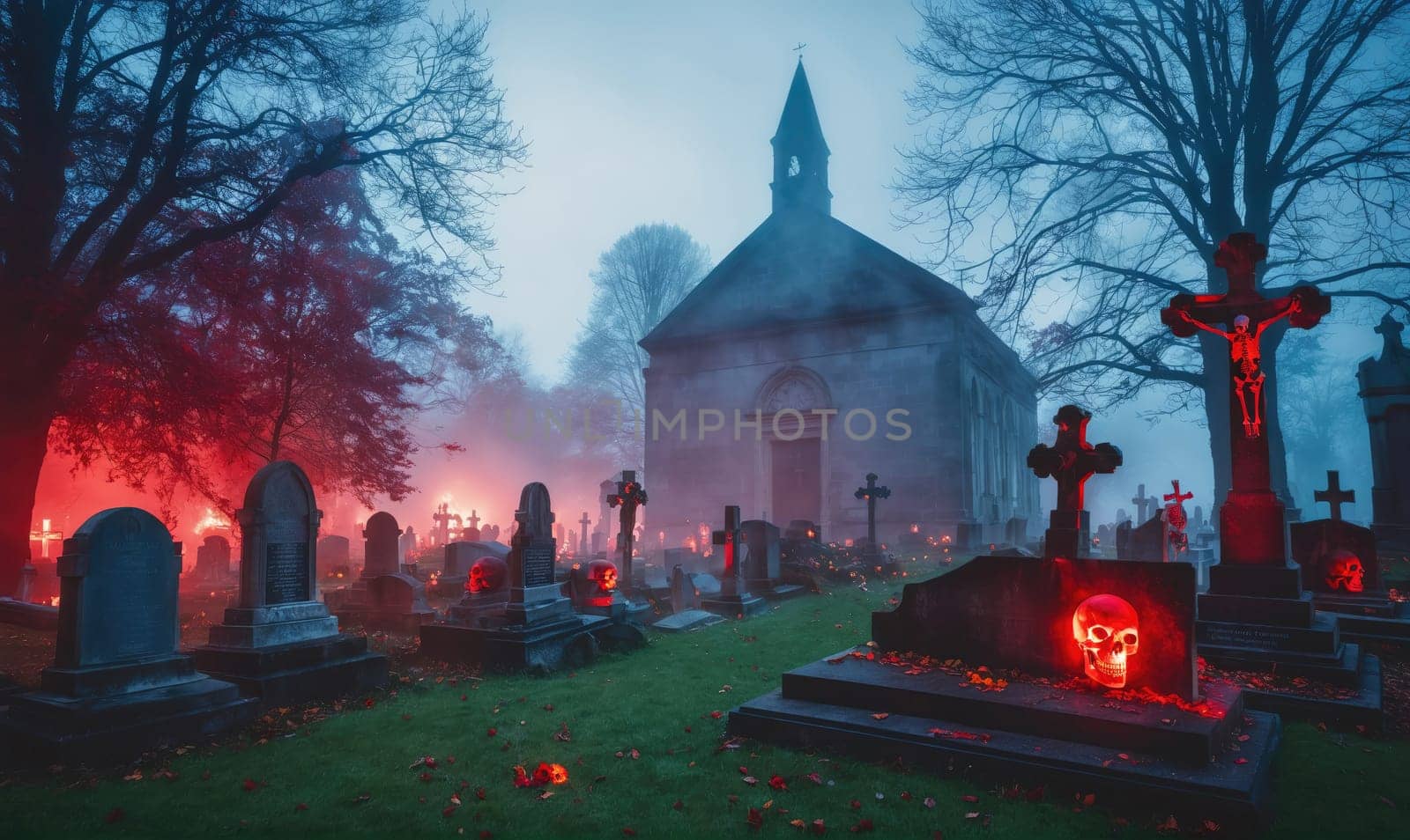 A foggy graveyard at twilight. A church stands in the background, silhouetted against the fading light