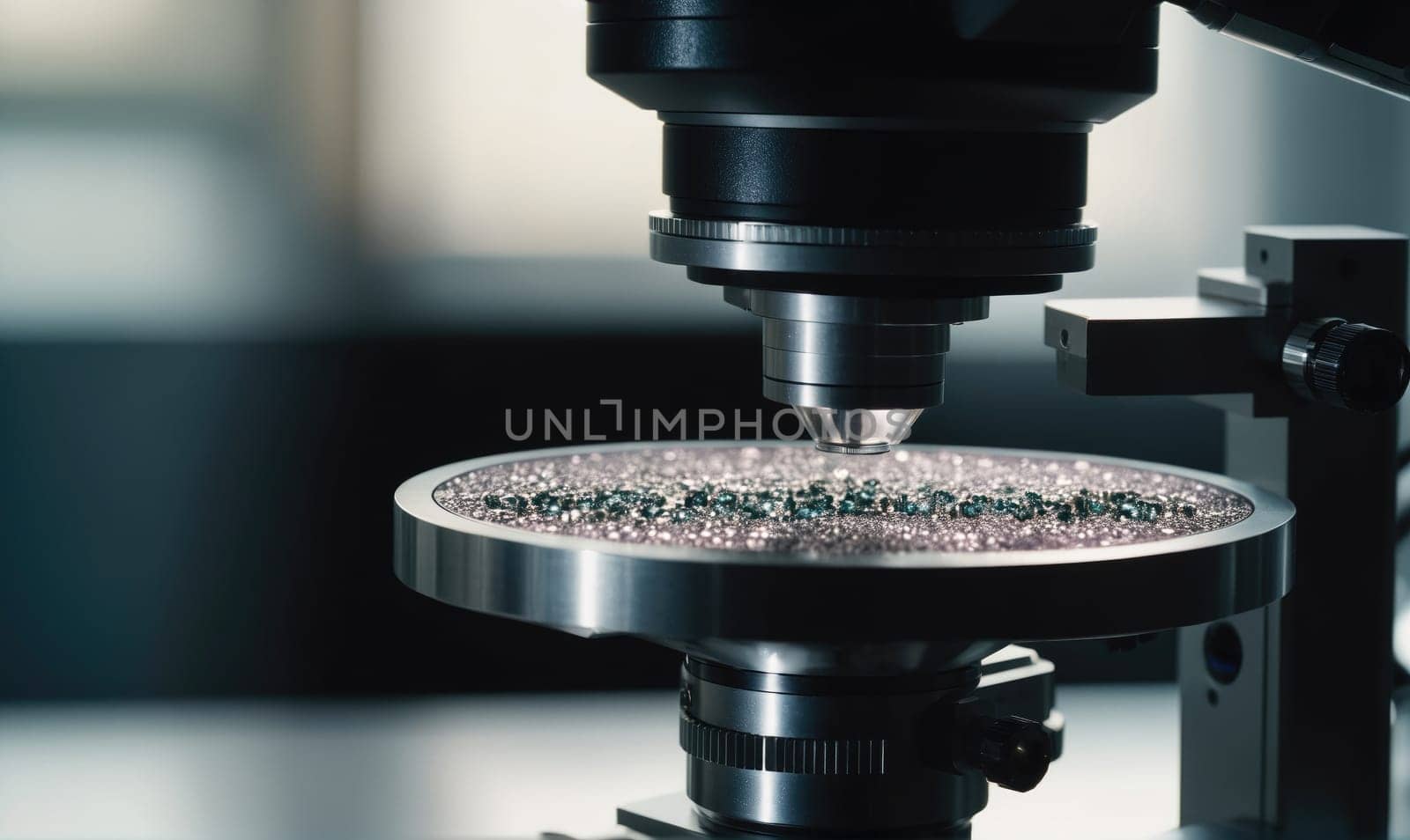 A close-up view of a microscope focused on a circular plate covered in small, reflective particles. The microscope is positioned above the plate, with its lens facing down.