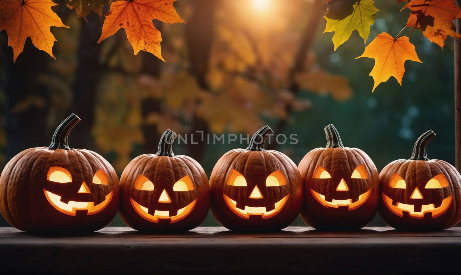 Five jack-o'-lanterns with carved faces are lined up on a wooden surface. They are lit from the inside and their faces glow brightly. In the background, blurred leaves and a bright light are visible.