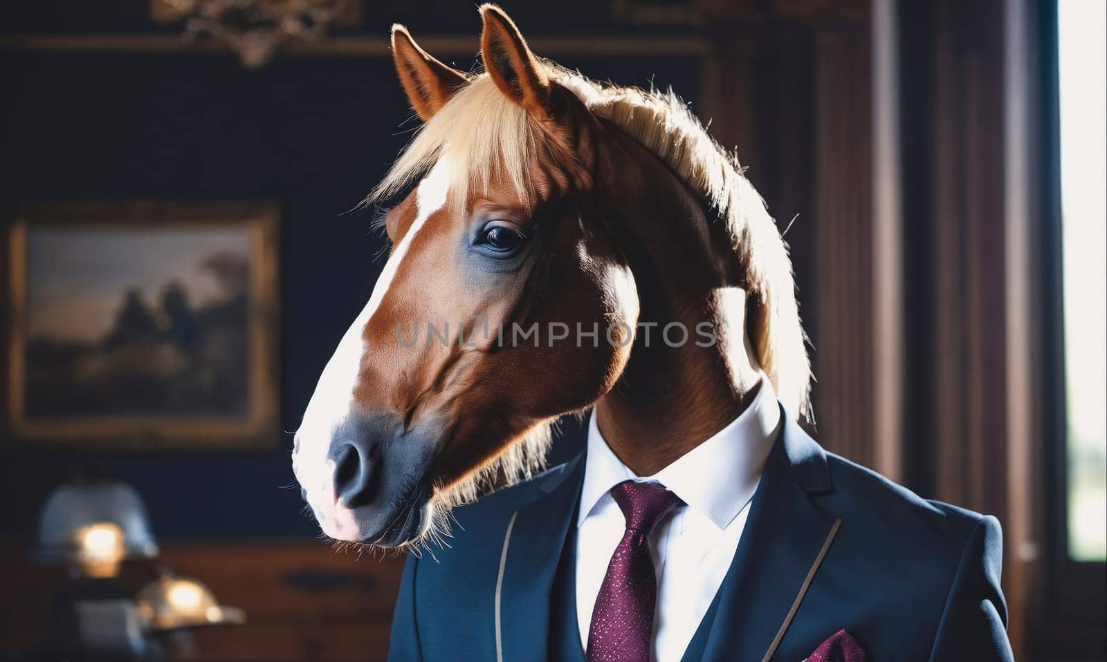 A brown and white horse with a blonde mane is wearing a navy blue suit and a red tie. The horse is standing in a room with dark wood furniture and a painting on the wall behind it.