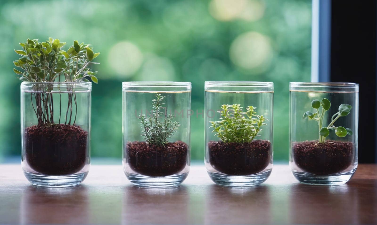 Four clear glass jars filled with soil and small, green plants are lined up on a wooden surface. The jars are filled with water and the plants are thriving