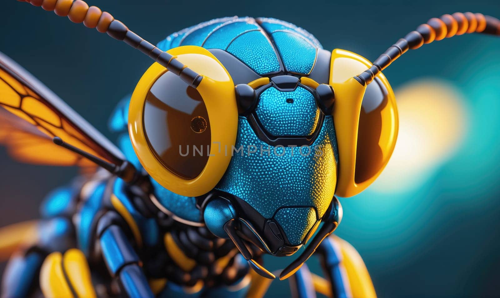 A close-up of a wasp with a blue and yellow exoskeleton. The wasp has large yellow eyes and appears to be looking directly at the camera. The background is blurred and appears to be teal.