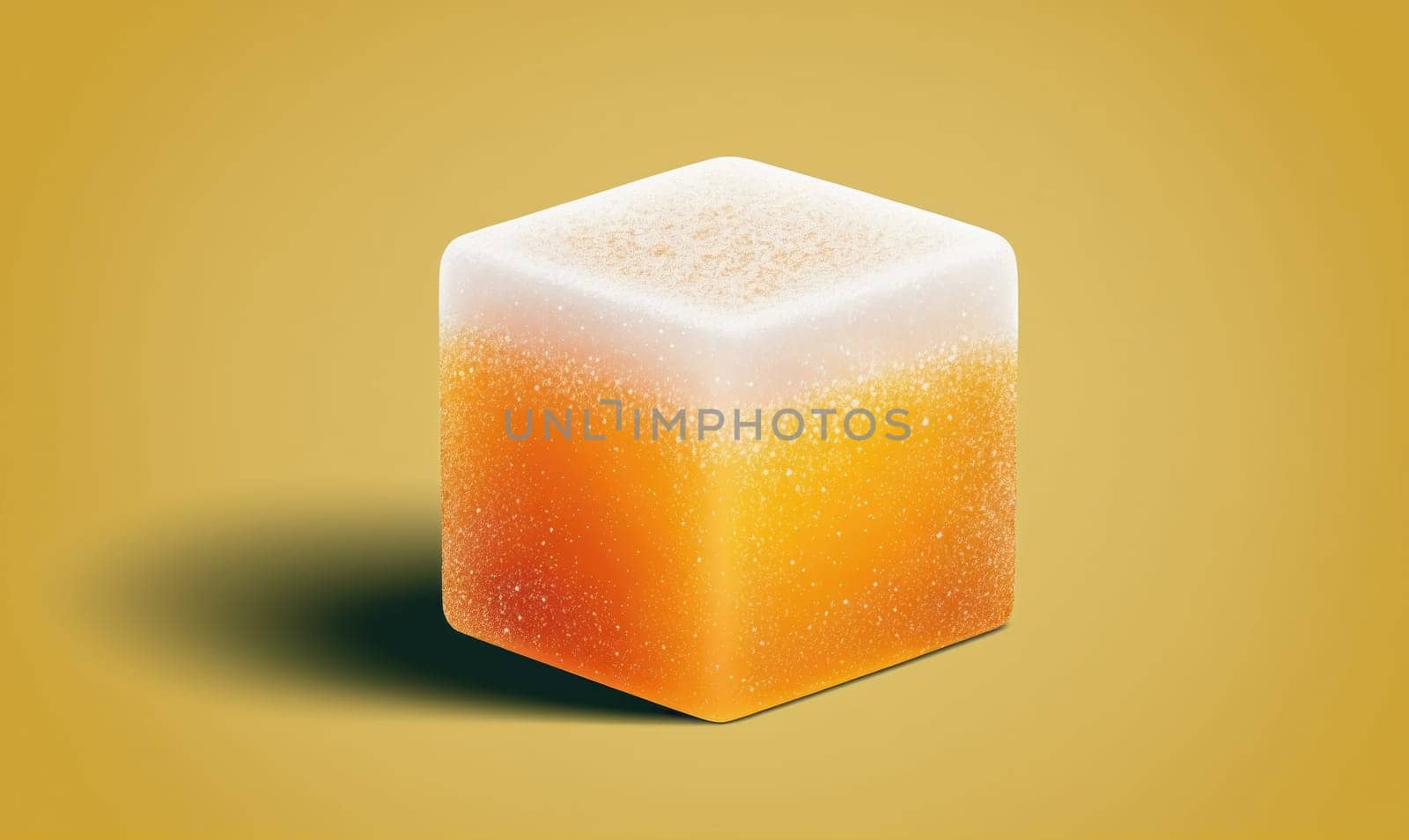 A square ice cube with beer frozen inside is shown with a white layer of foam on top.