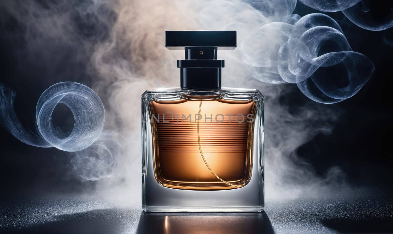 A clear glass bottle of perfume is shown, with a black cap and a brown liquid. The bottle is on a dark surface, with white smoke swirling around it. The smoke creates a soft, ethereal background.