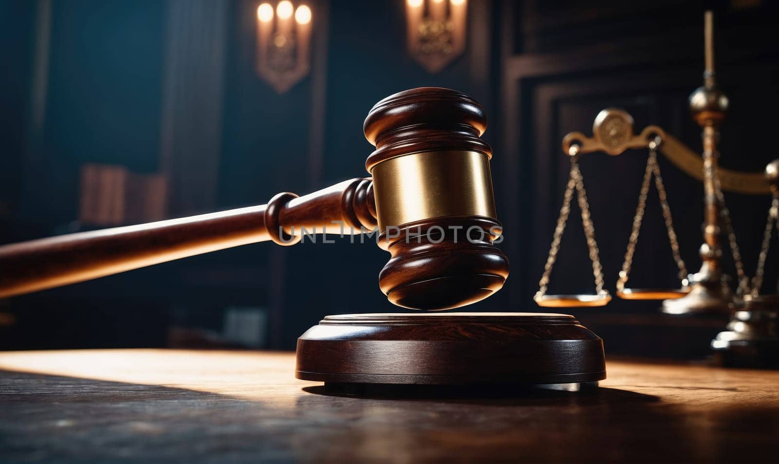 A wooden gavel rests on a block in front of a scale of justice. The gavel is made of dark wood and has a gold band around it. The scale of justice is also made of gold and is suspended from a stand