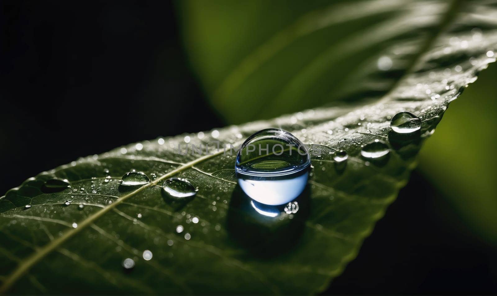 A large, round water droplet rests on a green leaf. Smaller water droplets are scattered across the leaf's surface. The background is a dark green, out of focus.