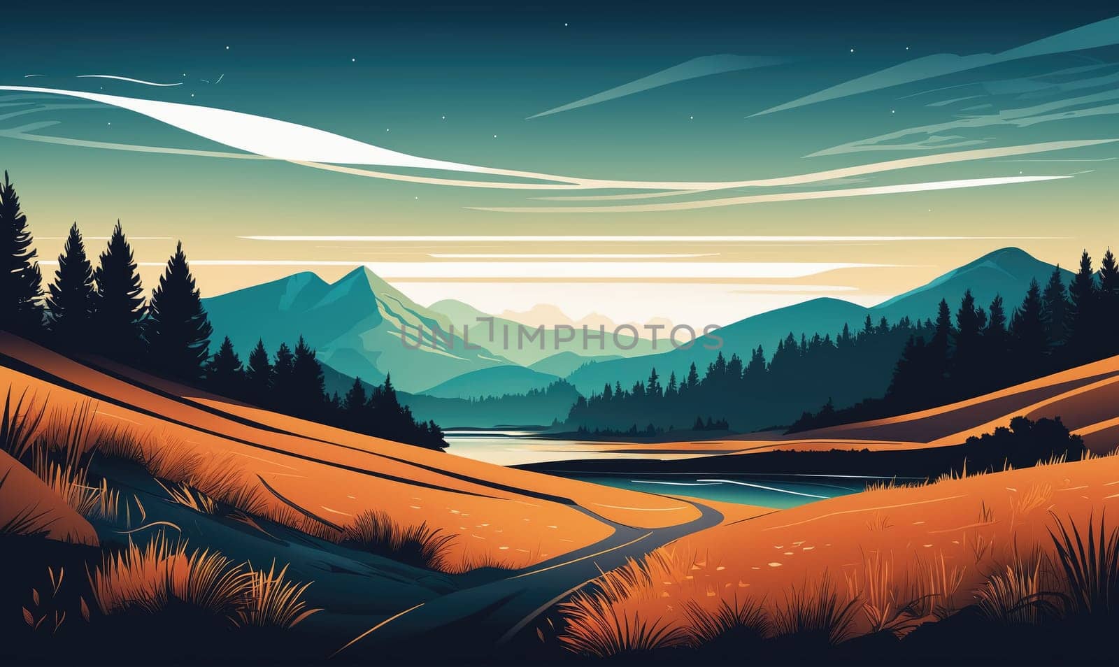 The image shows a scenic landscape with rolling hills, a winding road, a lake, and distant mountains. The sky is a vibrant blue with clouds, and the hills are covered in lush grass.