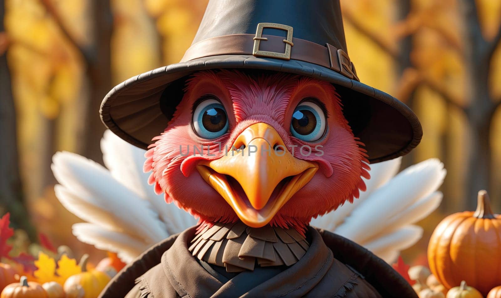 A cartoon turkey wearing a pilgrim hat and a brown jacket smiles at the camera. White feathers peek out from under his jacket and a pumpkin is visible behind him.