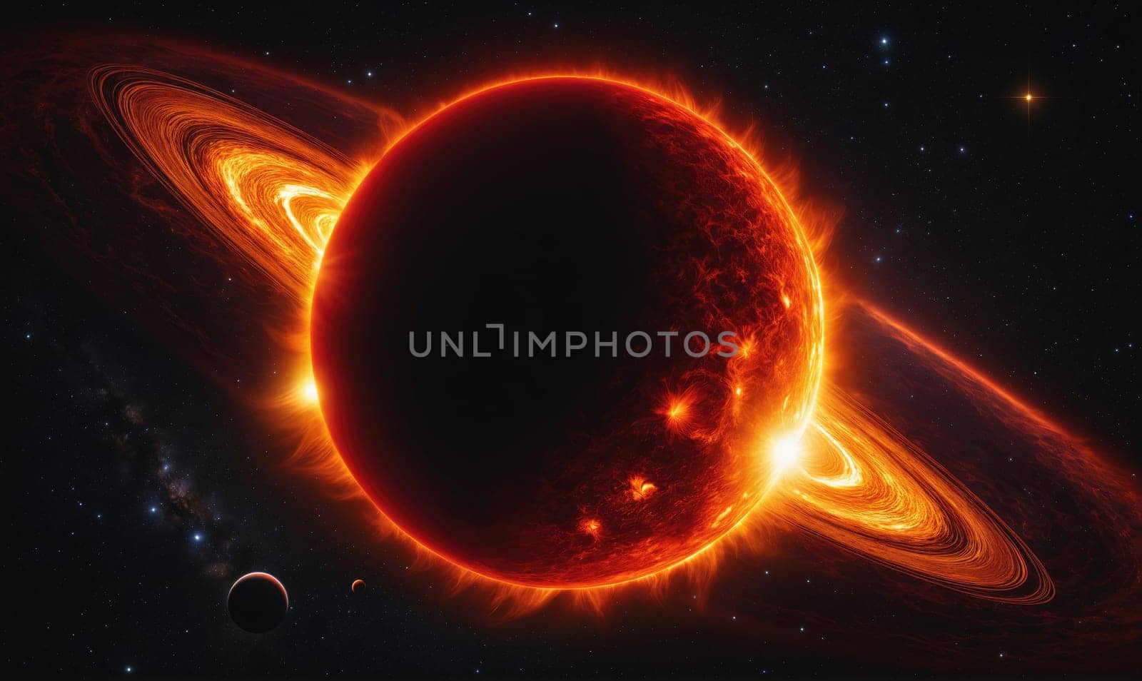 A fiery red star with a ring system is featured against a black background dotted with white stars.