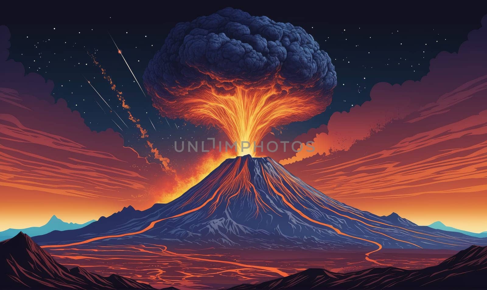 A volcano is erupting, spewing lava and ash into the air. The sky is dark with stars and streaks of light from shooting stars. The volcano's slopes are covered in red-hot lava flows.