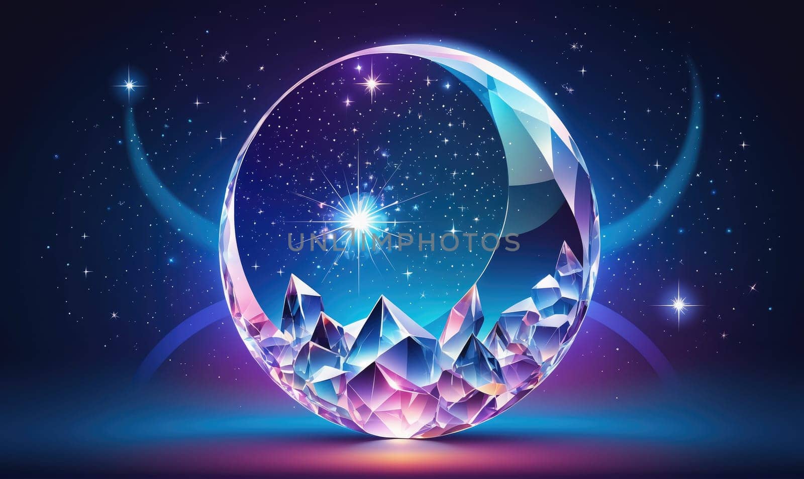 The image shows a large, sparkling sphere made of crystal that appears to hold a night sky inside. The sphere is faceted and has a bright, clear surface