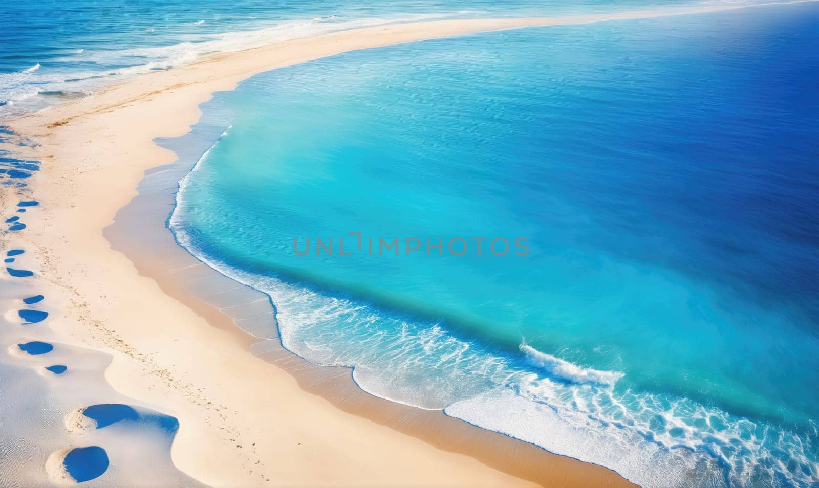 The image shows a long stretch of white sand beach bordered by clear, turquoise blue water. The water is calm and gently lapping at the shore, creating a white foamy line