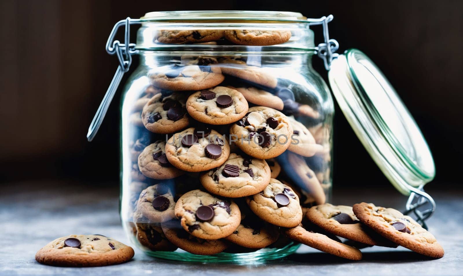 A full glass jar with a metal latch lid holds a large quantity of chocolate chip cookies. The lid is slightly ajar and a few cookies have spilled out, resting on a dark countertop.