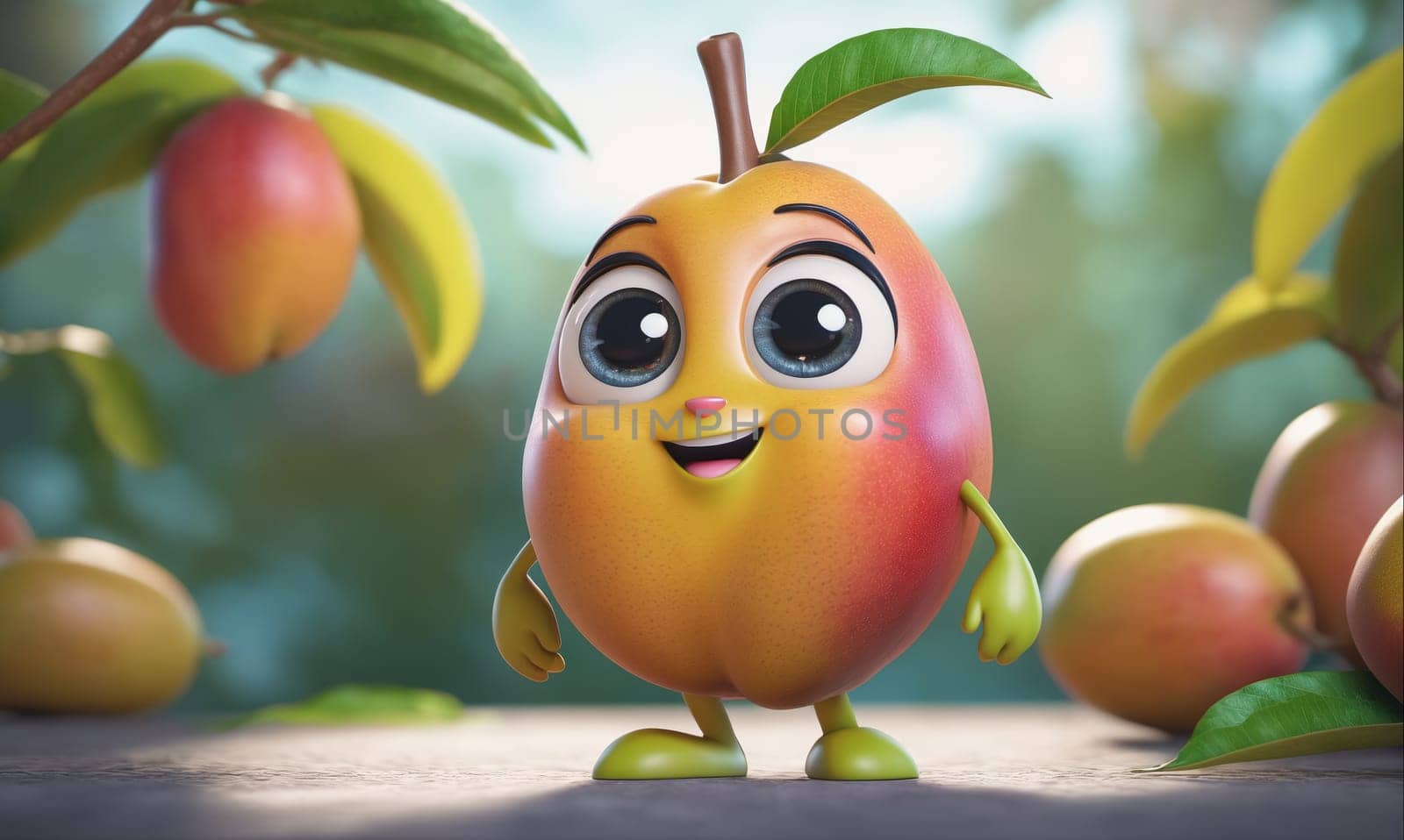 A cartoon mango, with large eyes and a cheerful expression, stands on a wooden table. Other mangoes are in the background, along with green leaves.