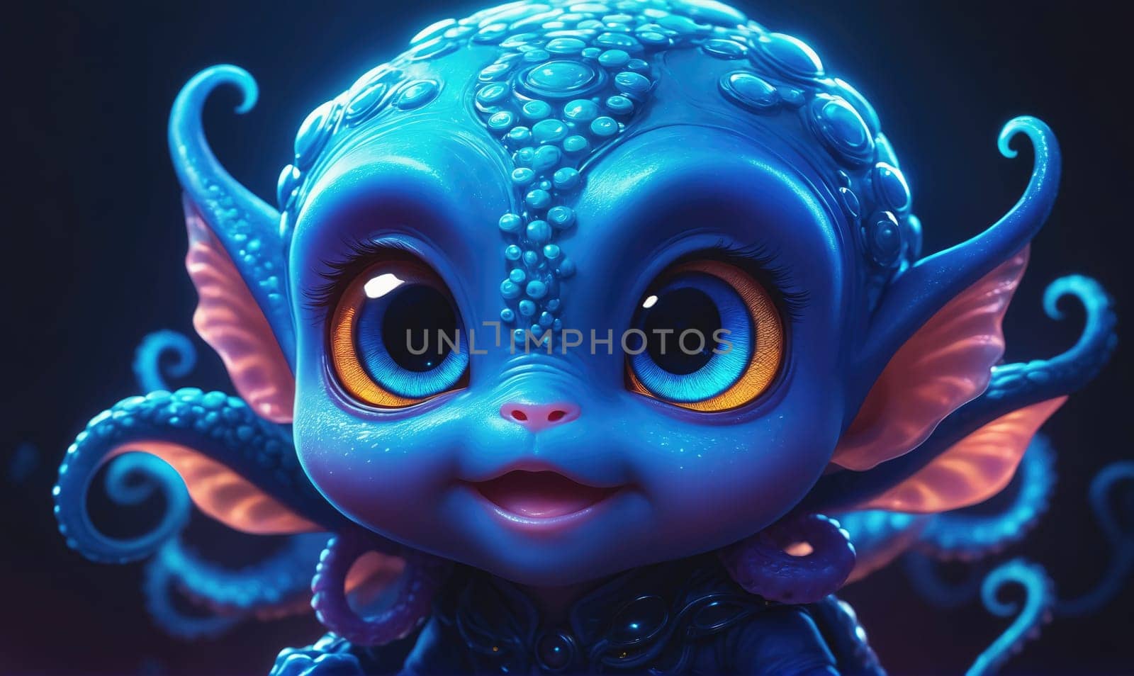 A close-up of a small, blue, and whimsical creature with large, bright blue eyes and curly, pink ears. The creature is smiling and appears to be looking directly at the camera.