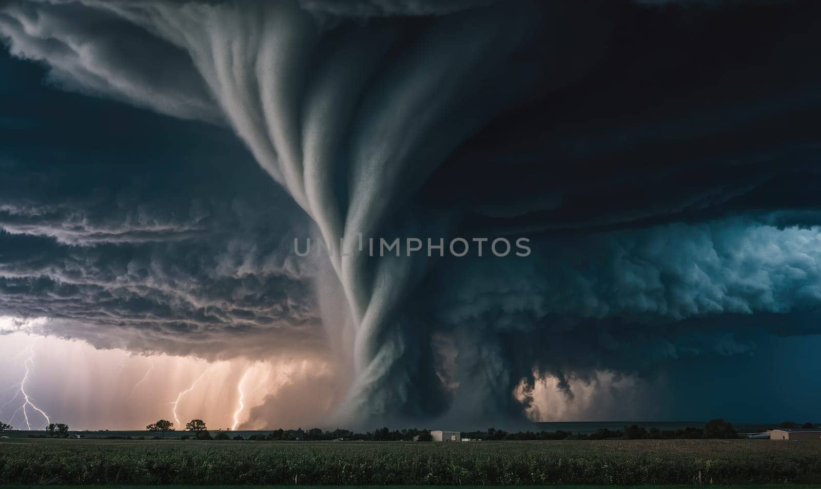 A large, dark, rotating cloud formation, a tornado, descends towards a grassy field. Lightning strikes illuminate the storm clouds above.