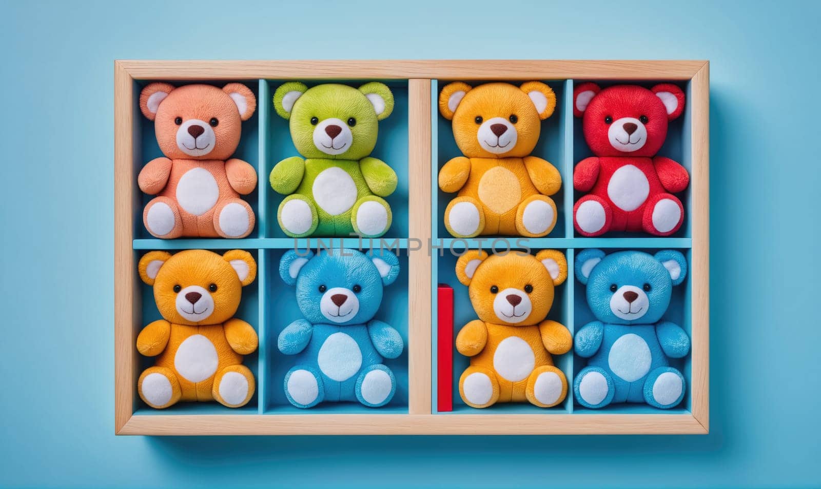 red, green, orange, yellow, blue. A red object stands between the fifth and sixth compartments.