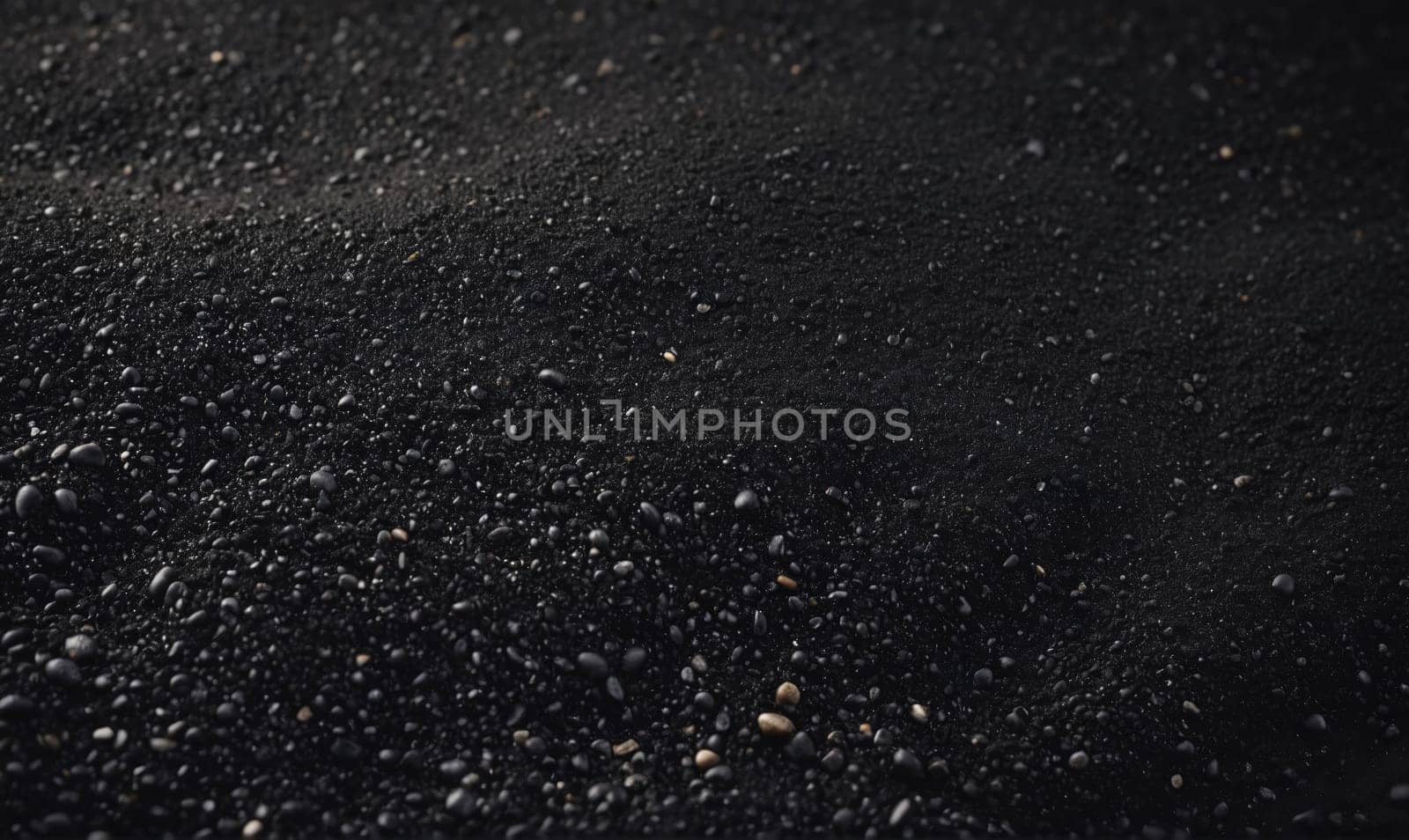 The image shows a close-up view of black sand on a beach. The sand is made up of small, dark pebbles. The texture is rough and uneven.