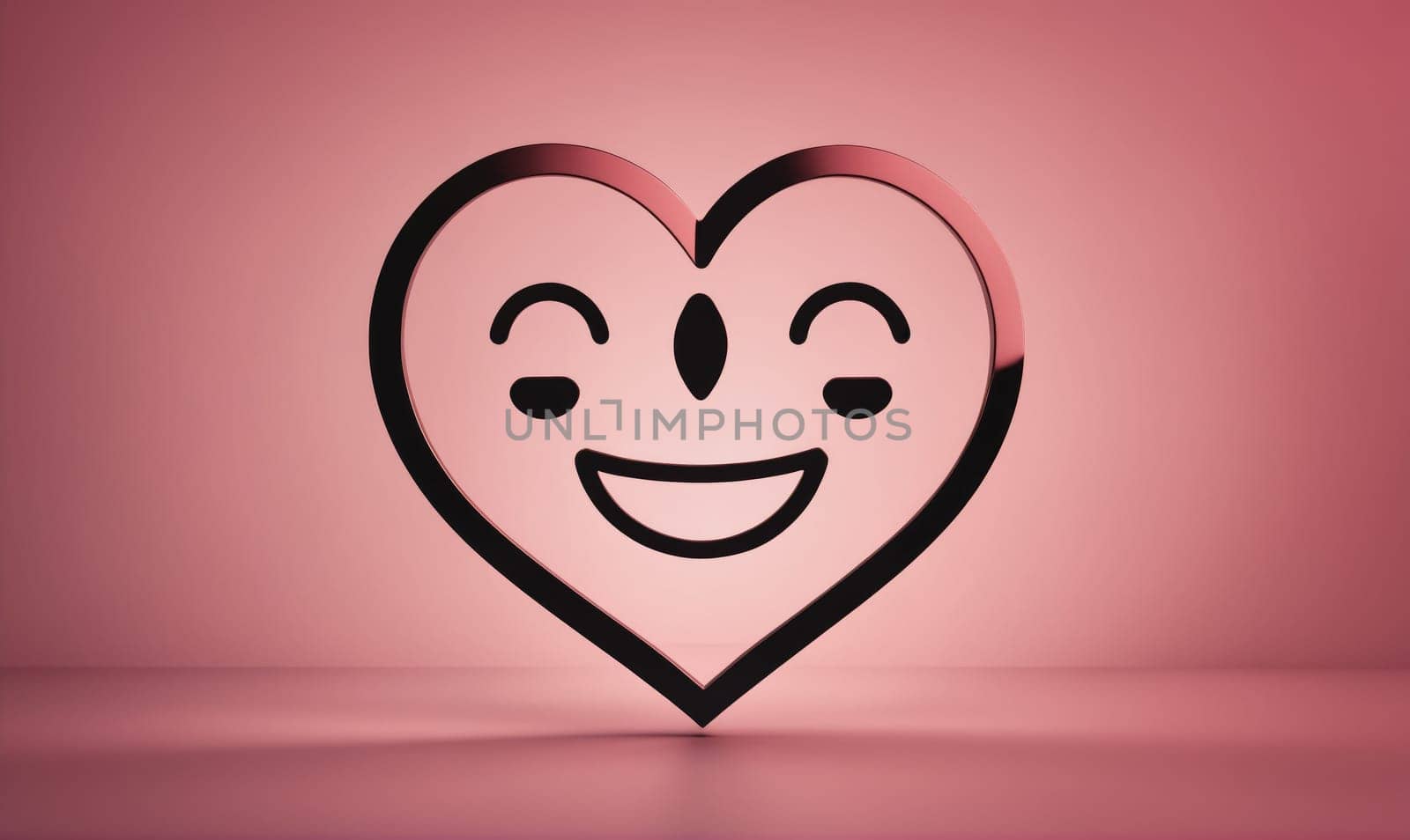A black line drawing of a heart with a smiling face floats above a pink surface.