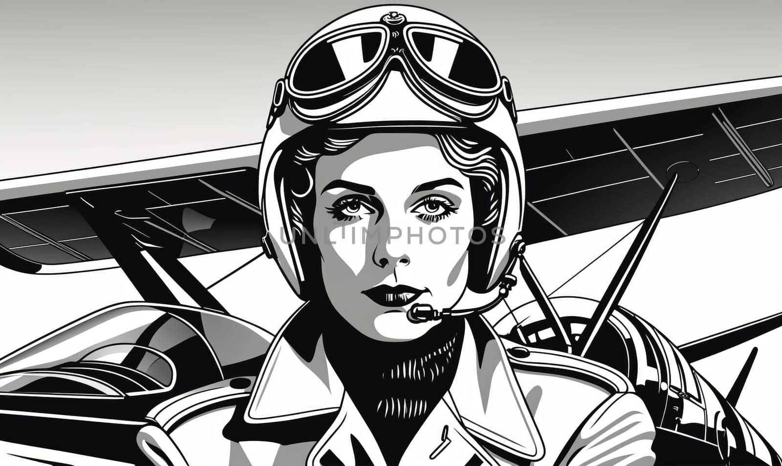 A black and white illustration of a woman wearing a pilot's helmet and goggles, sitting in the cockpit of an airplane. The image is drawn in a stylized, vintage style.