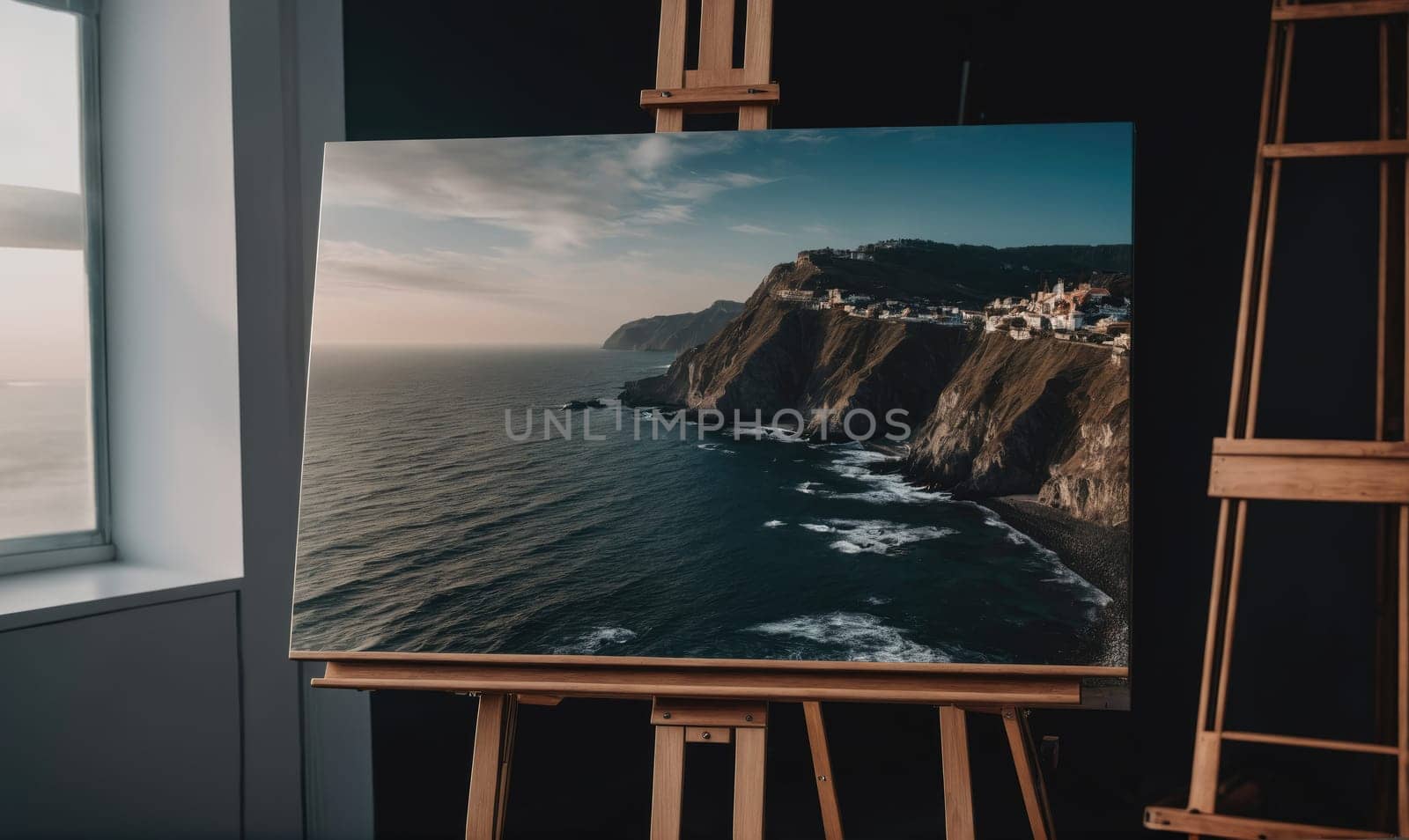 A canvas painting shows a coastal landscape with rocky cliffs and crashing waves. The painting is displayed on a wooden easel in a studio setting.