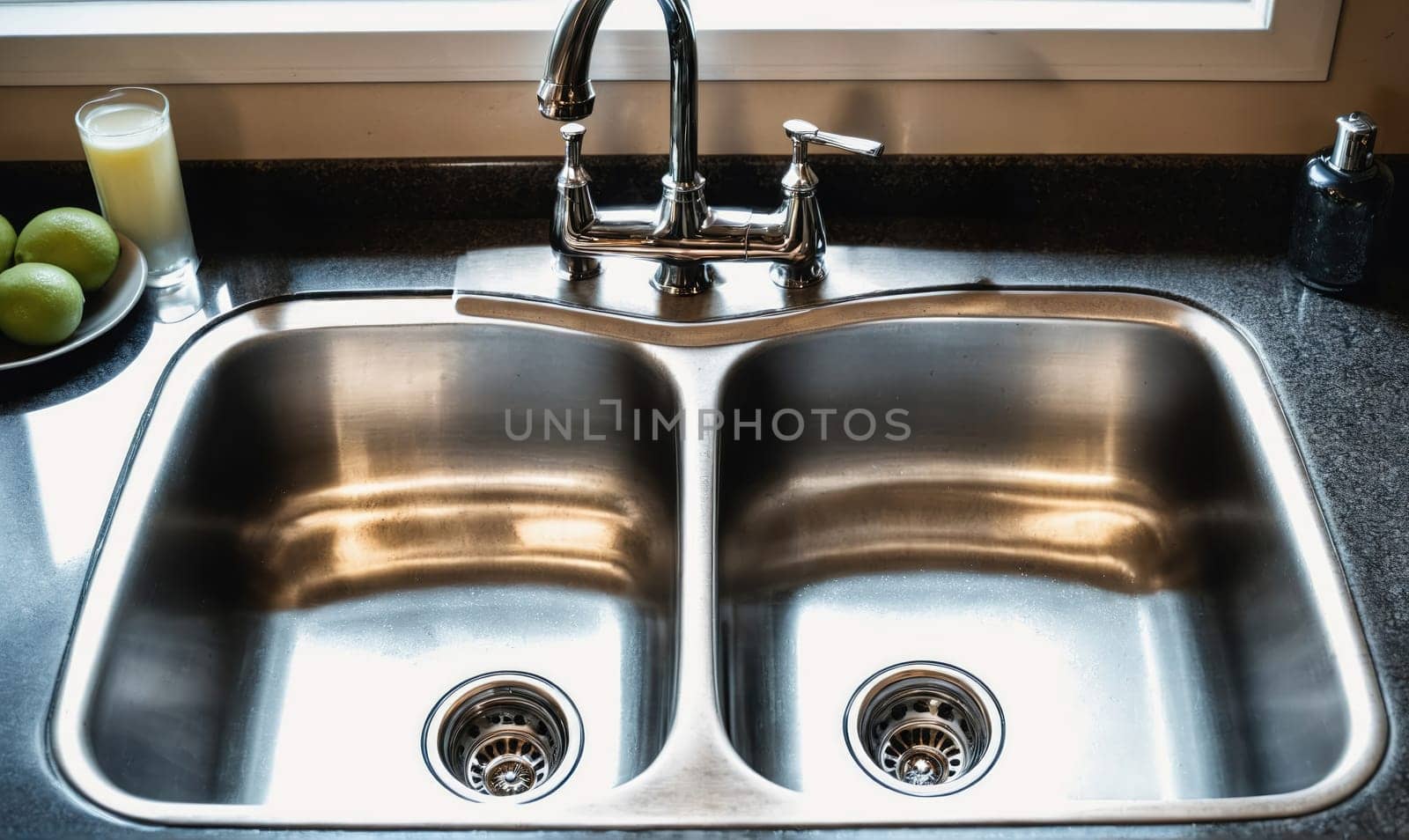 A clean, empty double stainless steel kitchen sink with a chrome faucet and soap dispenser.