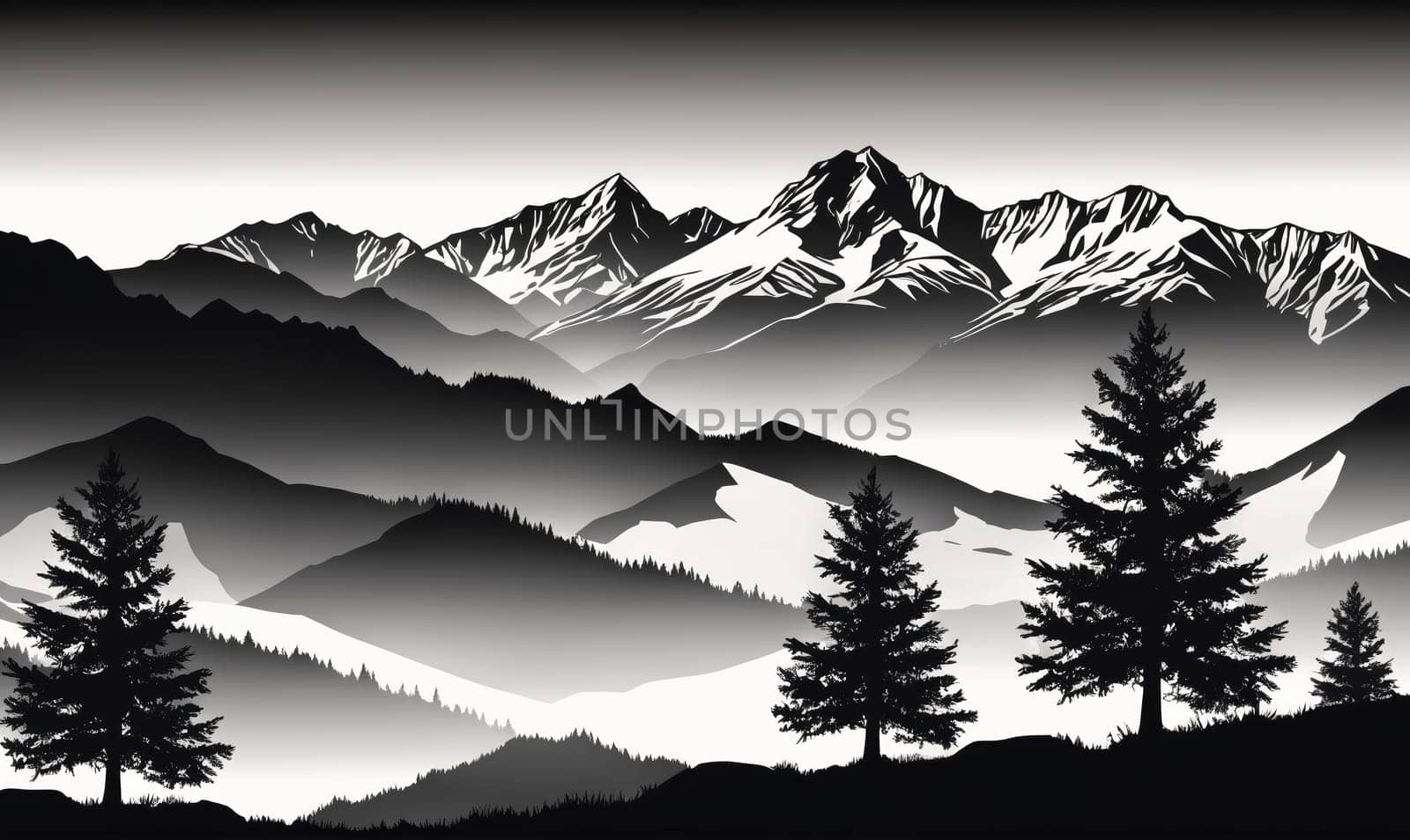 A black and white image of a mountain range, with snow on the peaks. The mountains are in the distance and a few pine trees are in the foreground