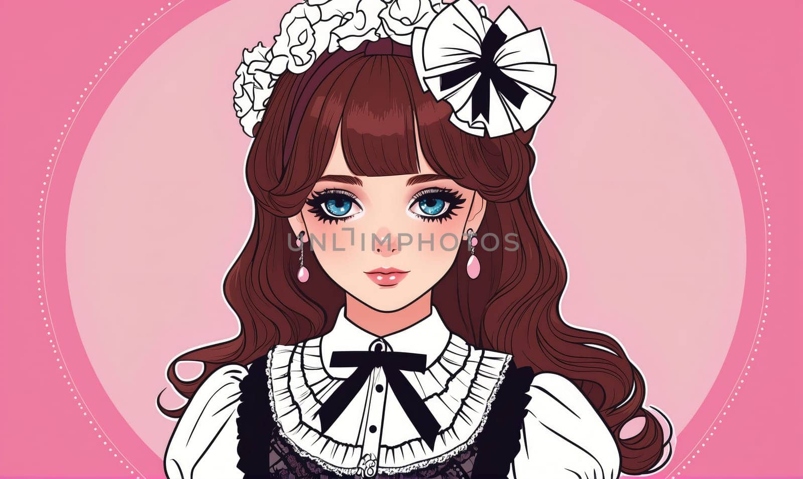 A digital illustration of a young woman with long, dark brown hair styled in loose curls