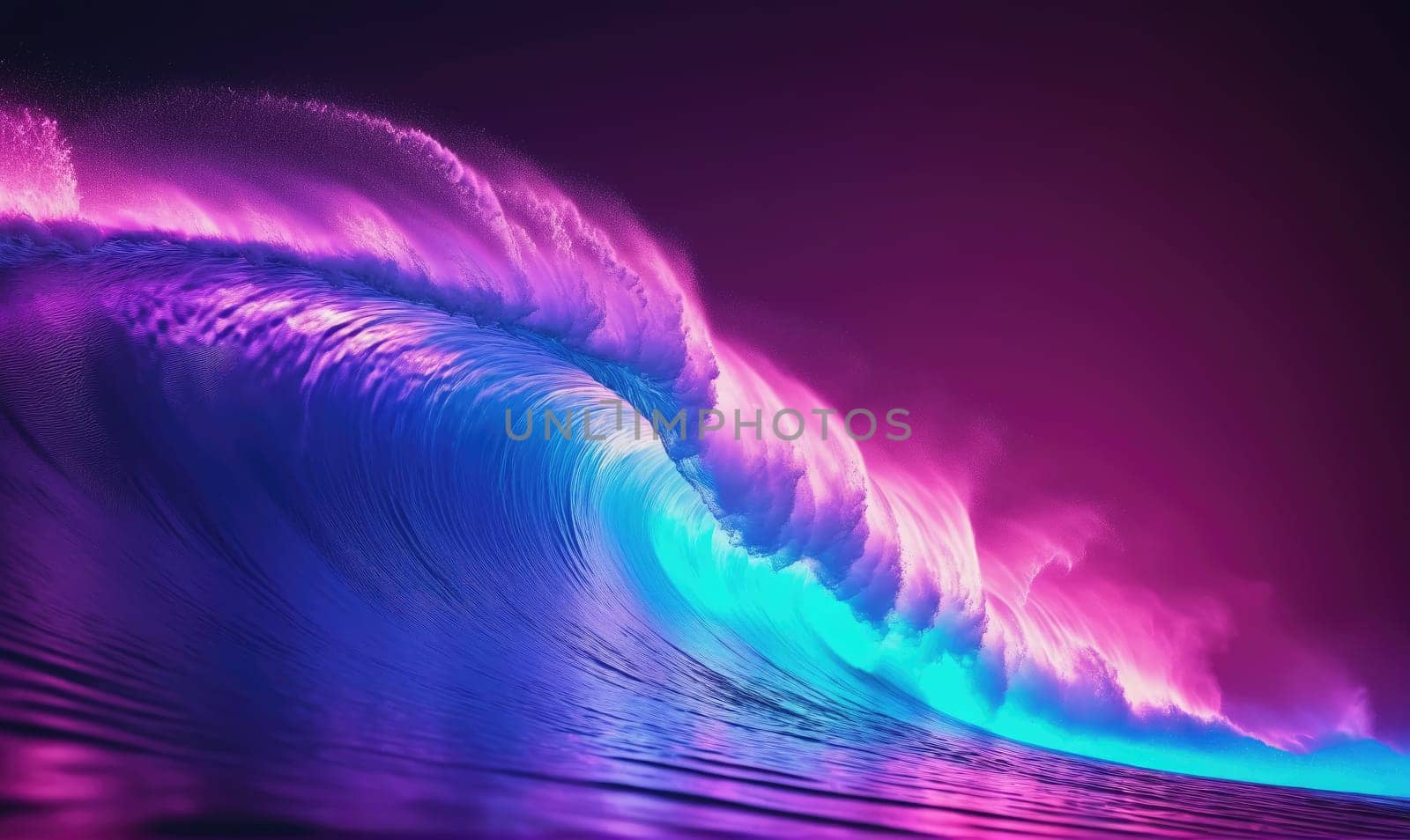 A large wave, illuminated in a striking combination of purple and blue light, crashes into the ocean at night