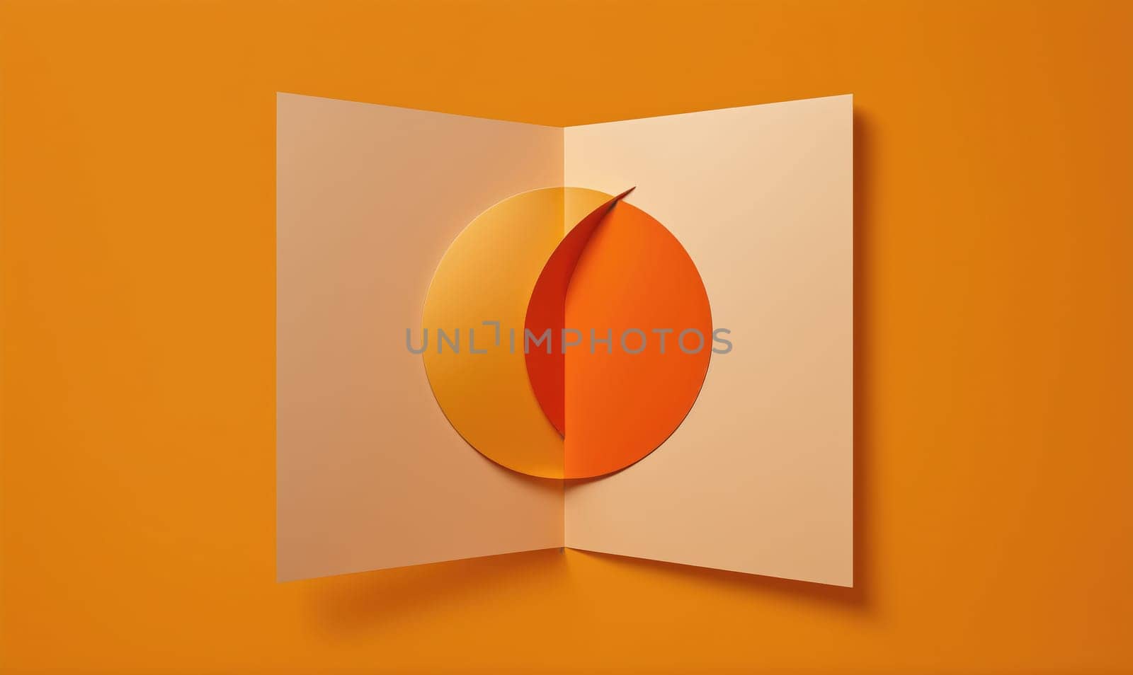 A paper cutout of a circle with a red line through it is open to reveal a yellow circle. The orange and yellow colors create a warm and inviting mood, while the paper cutout's simplicity