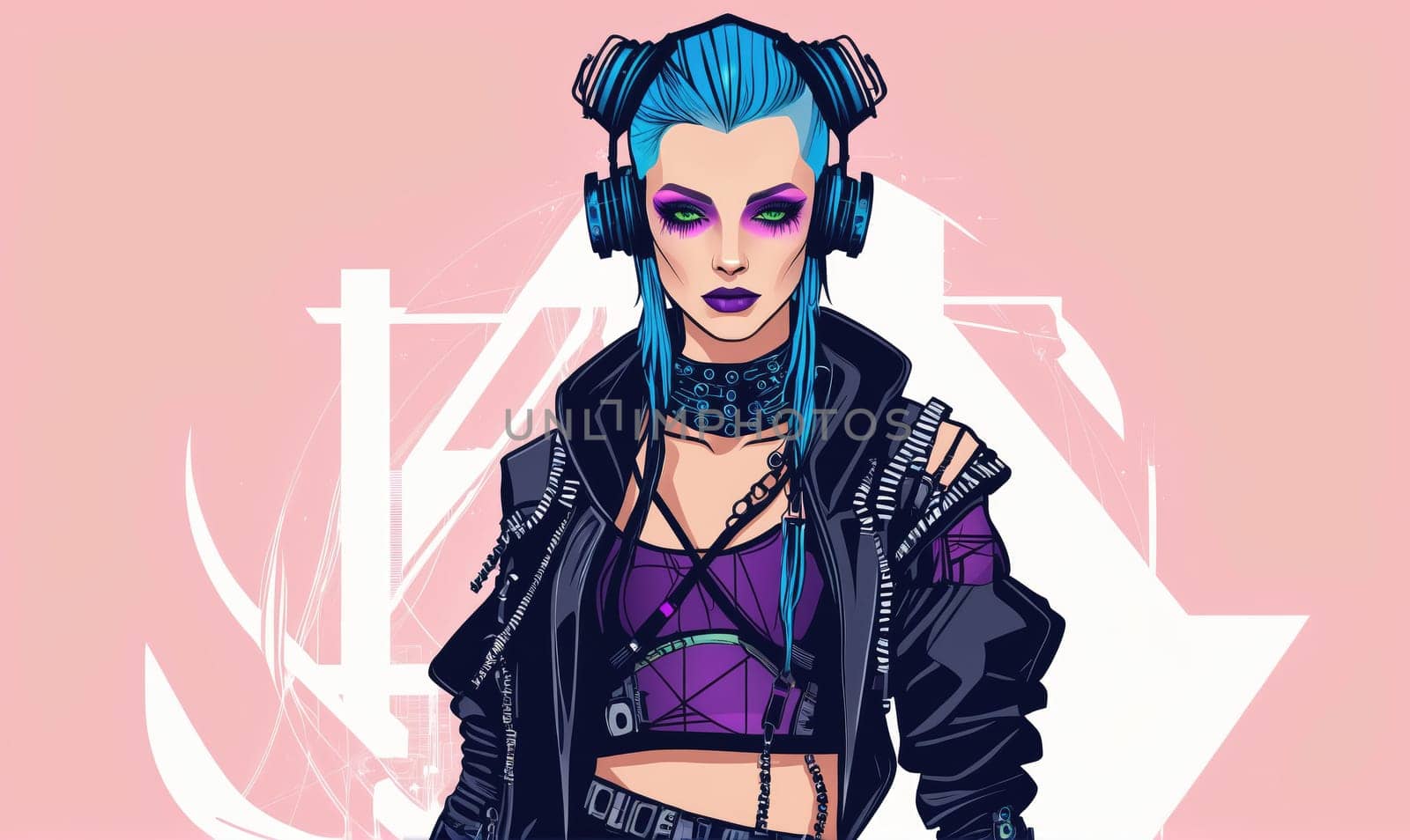 A woman with blue hair, wearing a black leather jacket, headphones, and bright purple makeup, stares intently at the viewer. The background is a soft pink and white geometric design.