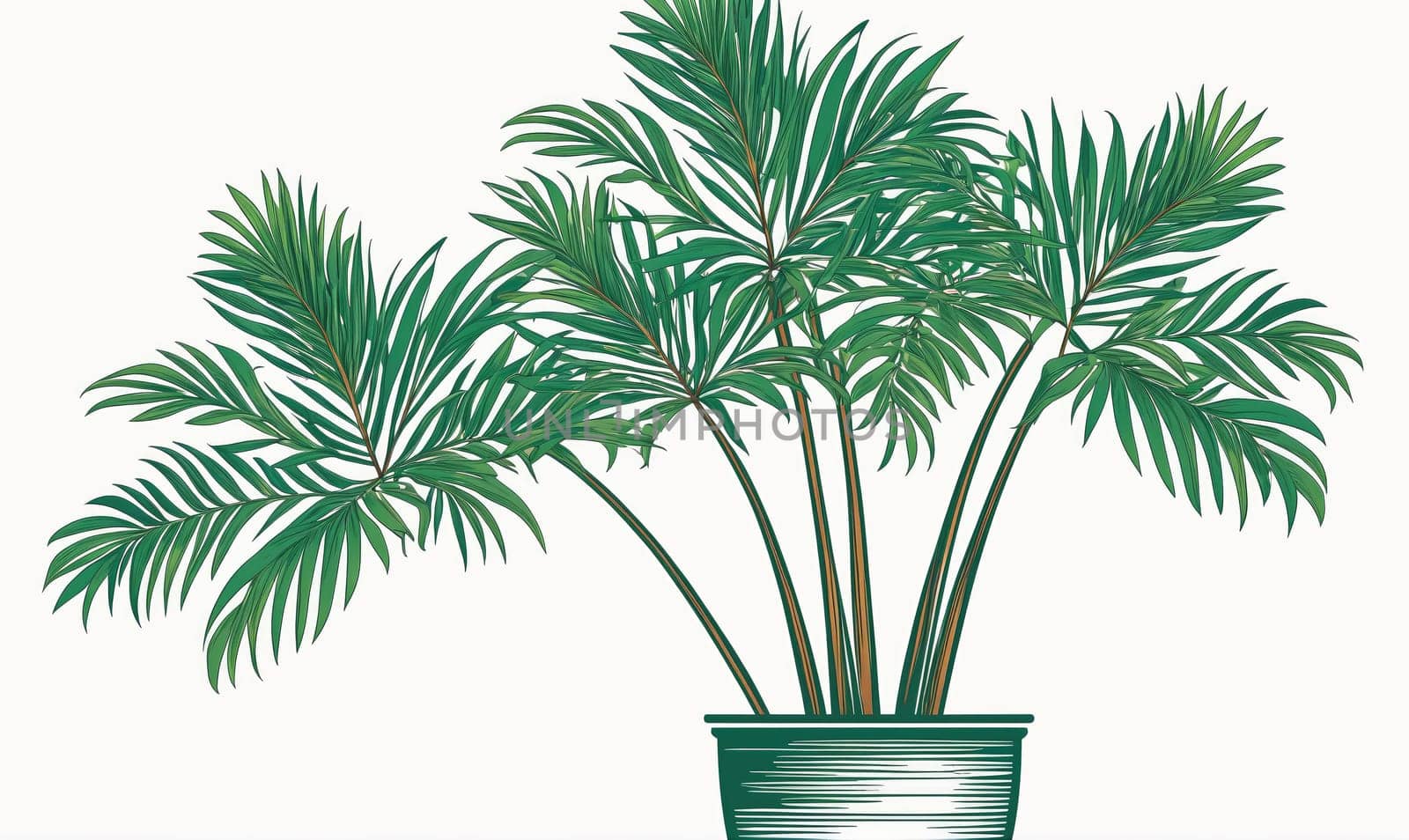 A single potted palm tree with multiple fronds, isolated on a white background. The palm tree has a thick, brown trunk and long, narrow leaves that are a vibrant green