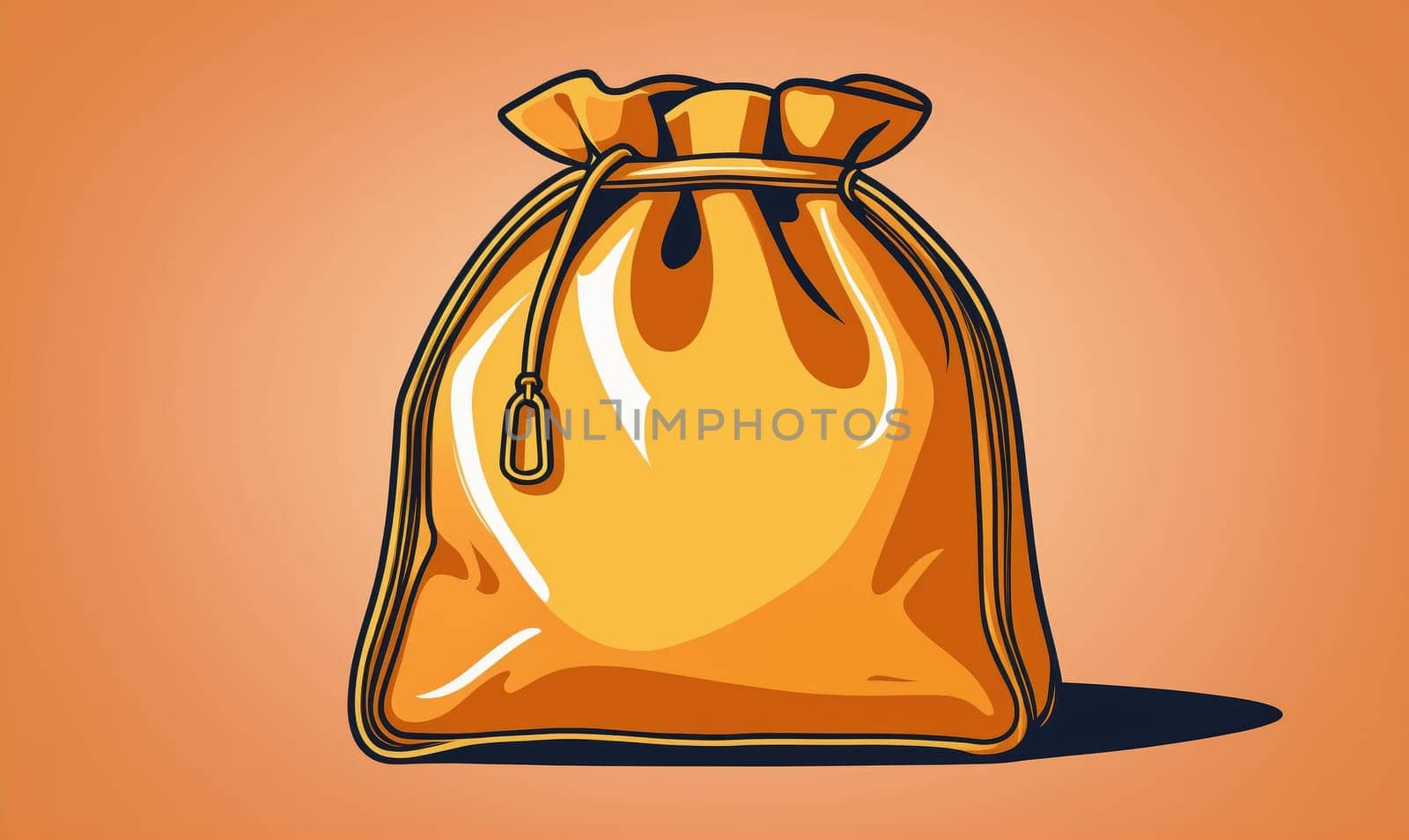 A yellow drawstring bag with a small, round handle sits on a light orange background.