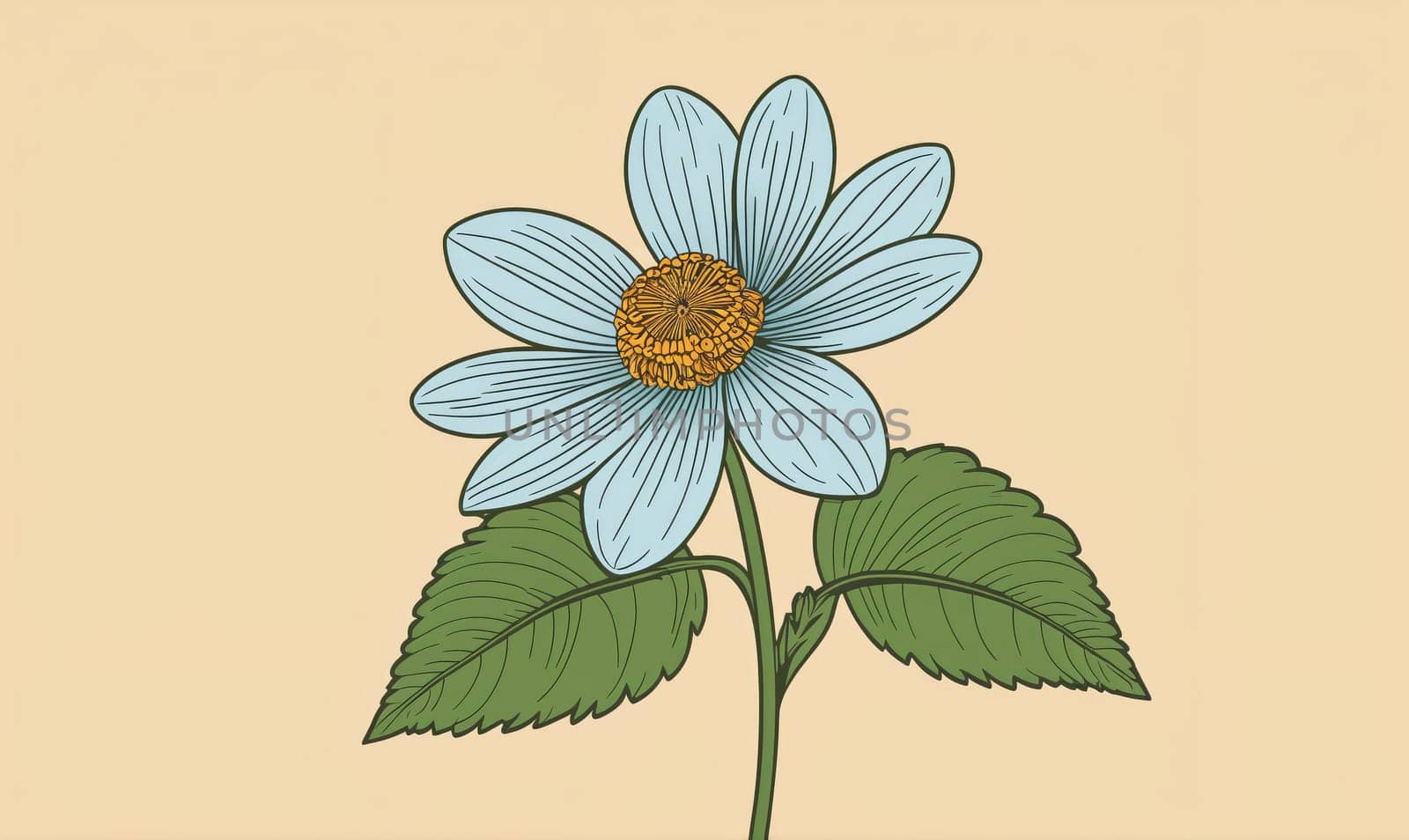 A stylized illustration of a light blue flower with a yellow center, growing on a stem with two green leaves, on a beige background.